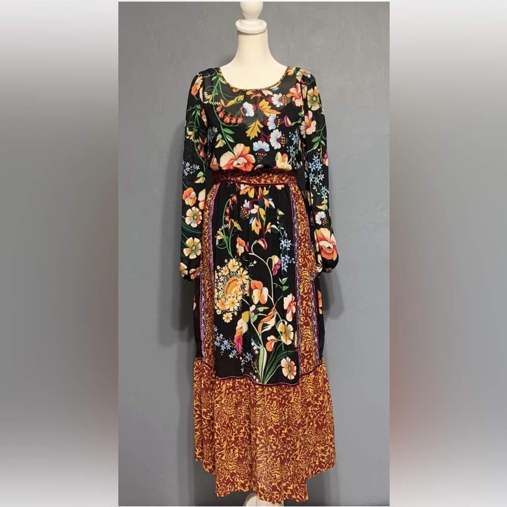 Anthropologie Sz 0 Black Floral Velvet Trim Long Sleeves Boho Midi Adair Dress